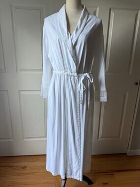 Oscar de la Renta White 100% Cotton Robe Lace Trim Long Bathrobe Size M Bridal